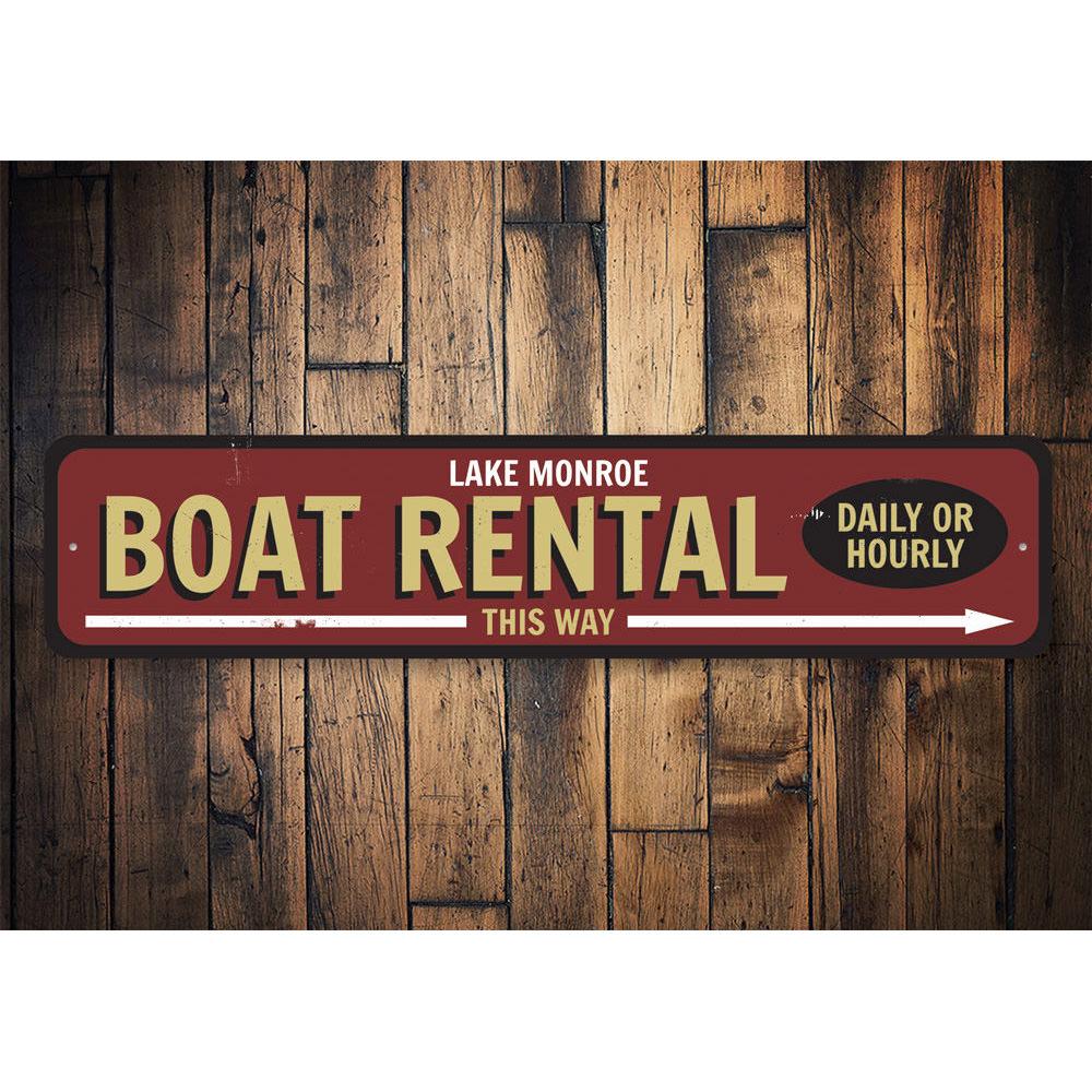 Boat Rental This Way Arrow Sign made of durable aluminum, featuring customizable text and pre-drilled holes for easy mounting.