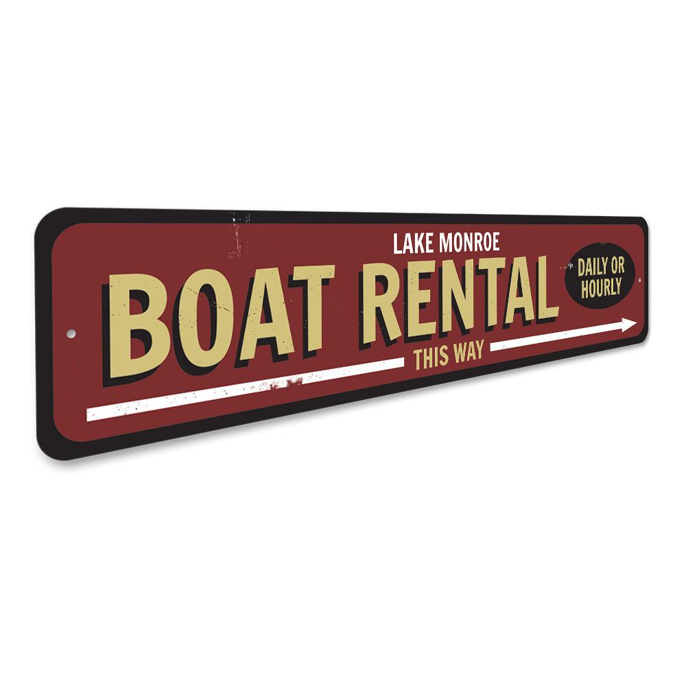 Boat Rental This Way Arrow Sign made of durable aluminum, featuring customizable text and pre-drilled holes for easy mounting.