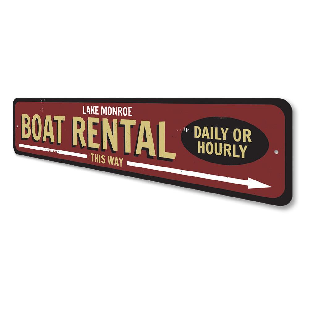 Boat Rental This Way Arrow Sign made of durable aluminum, featuring customizable text and pre-drilled holes for easy mounting.