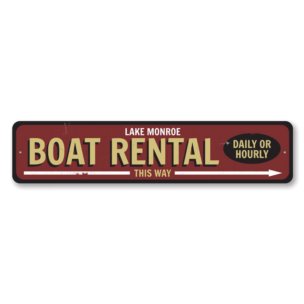 Boat Rental This Way Arrow Sign made of durable aluminum, featuring customizable text and pre-drilled holes for easy mounting.