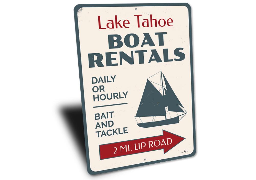 A decorative Boat Rentals Sailboat Sign made of high-quality aluminum, featuring customizable text and a vibrant design, perfect for lakehouse decor.