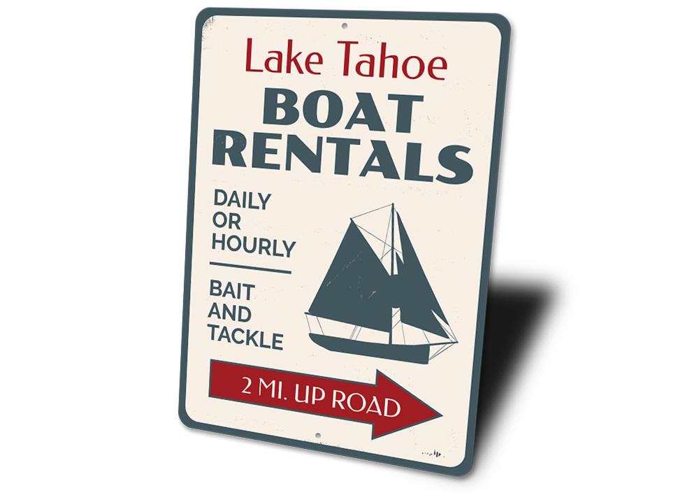 A decorative Boat Rentals Sailboat Sign made of high-quality aluminum, featuring customizable text and a vibrant design, perfect for lakehouse decor.