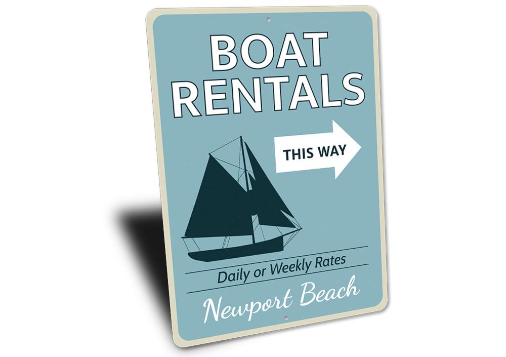 Boat Rentals This Way Sign made of aluminum, featuring customizable text and pre-drilled holes for easy mounting, perfect for coastal decor.