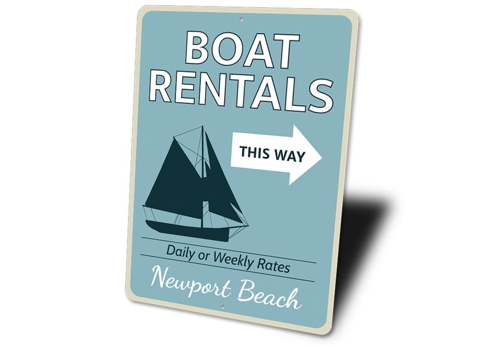 Boat Rentals This Way Sign made of aluminum, featuring customizable text and pre-drilled holes for easy mounting, perfect for coastal decor.