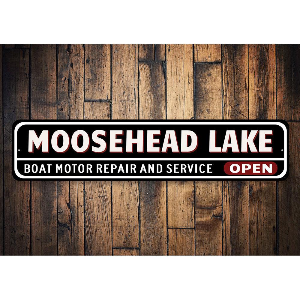 A decorative Boat Repair Sign made of high-quality aluminum, featuring customizable text and pre-drilled holes for easy mounting, perfect for lakehouses.