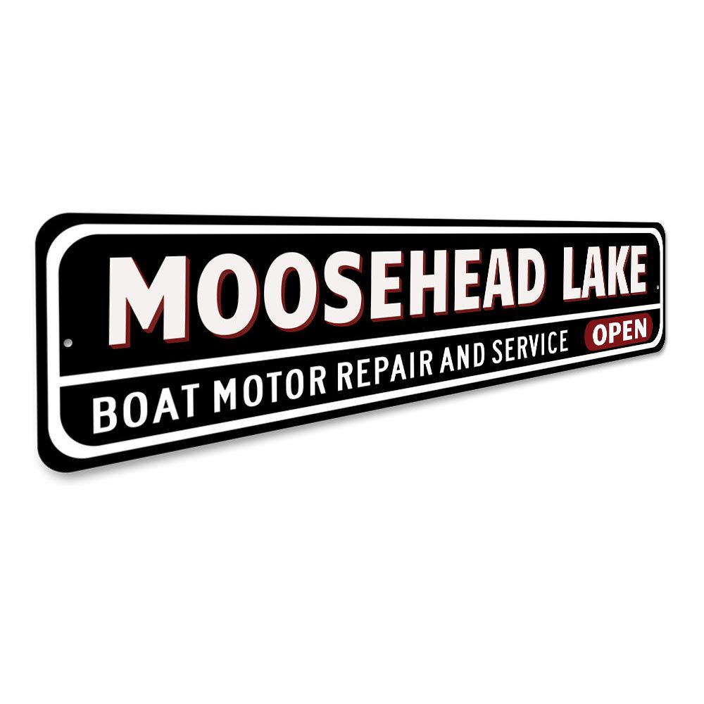 A decorative Boat Repair Sign made of high-quality aluminum, featuring customizable text and pre-drilled holes for easy mounting, perfect for lakehouses.