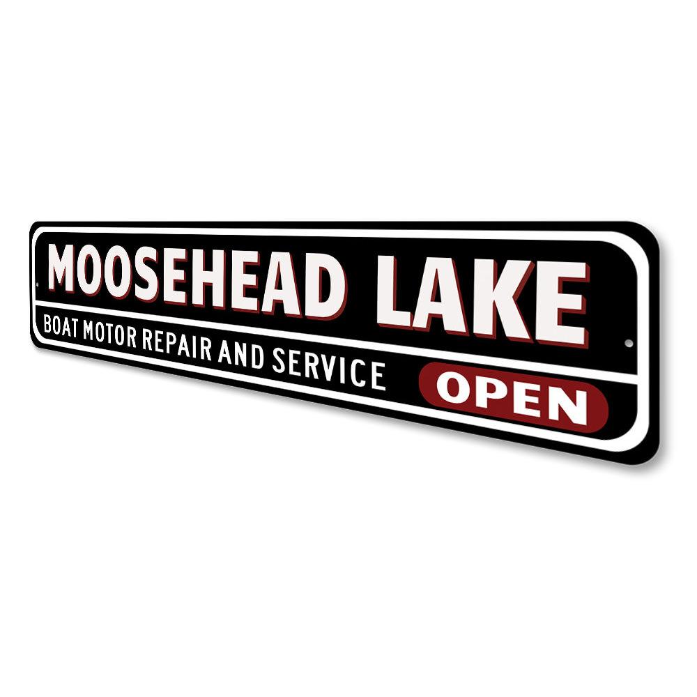 A decorative Boat Repair Sign made of high-quality aluminum, featuring customizable text and pre-drilled holes for easy mounting, perfect for lakehouses.