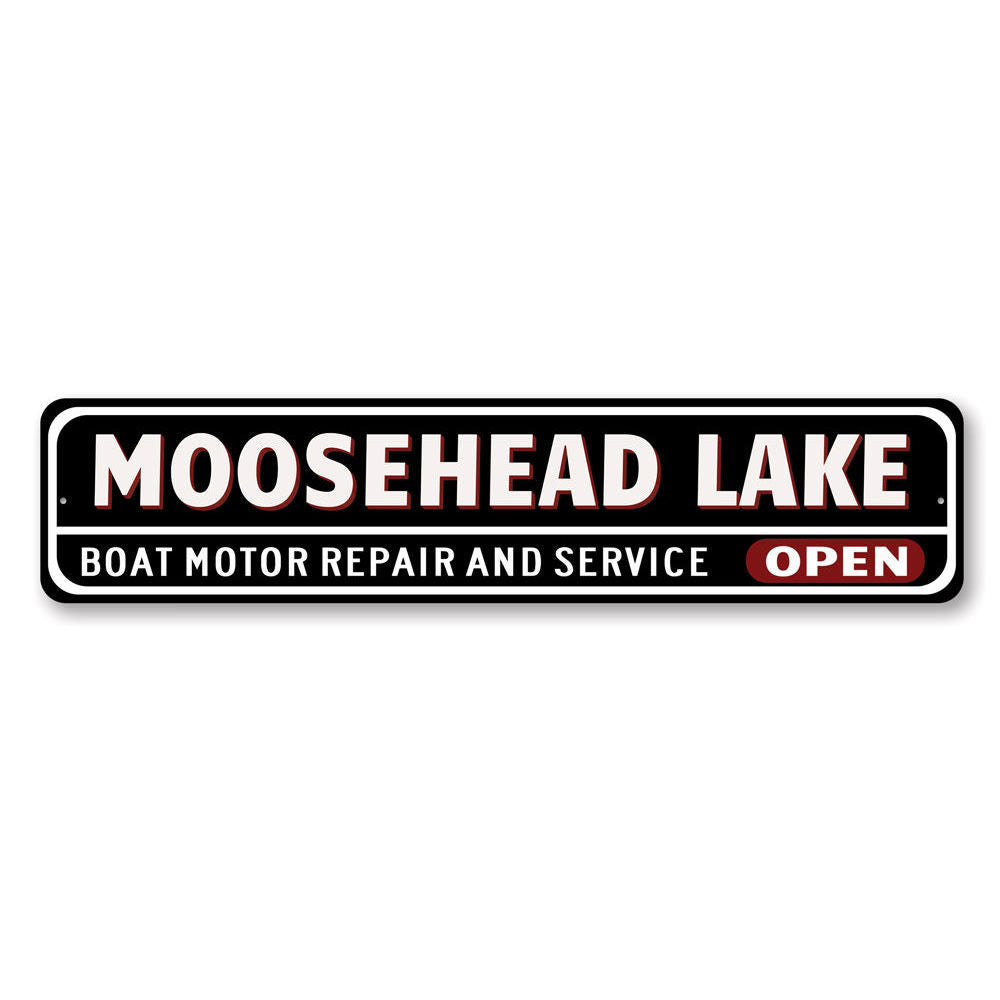 A decorative Boat Repair Sign made of high-quality aluminum, featuring customizable text and pre-drilled holes for easy mounting, perfect for lakehouses.