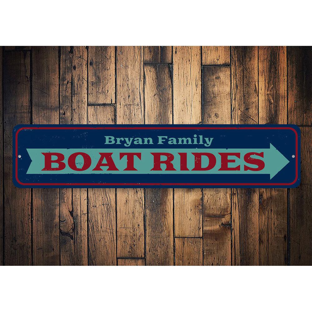 Boat Rides Arrow Sign made of high-quality aluminum, featuring a vibrant design perfect for beach-themed decor.