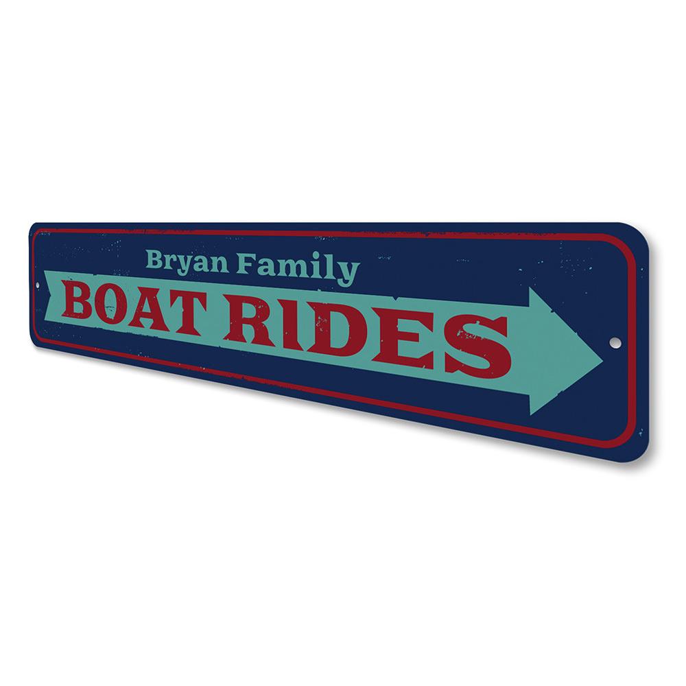 Boat Rides Arrow Sign made of high-quality aluminum, featuring a vibrant design perfect for beach-themed decor.