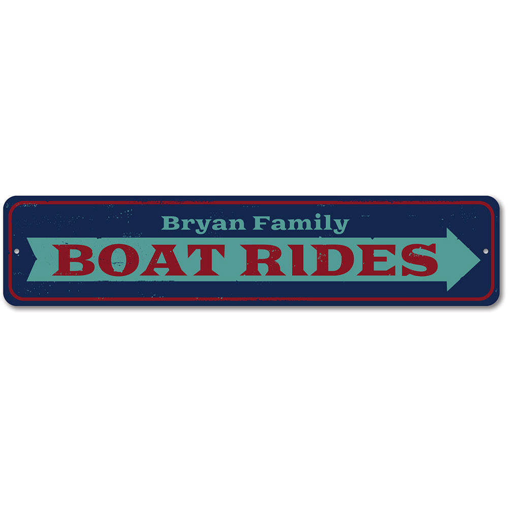 Boat Rides Arrow Sign made of high-quality aluminum, featuring a vibrant design perfect for beach-themed decor.