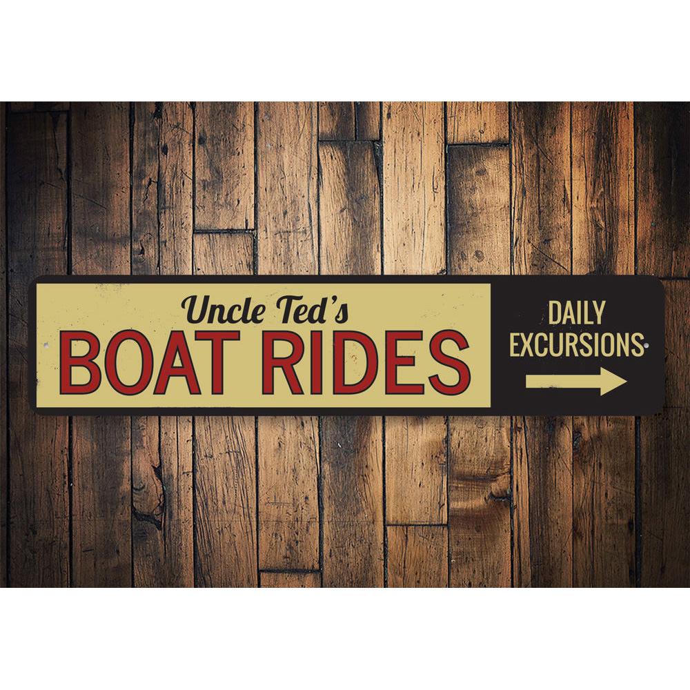 Boat Rides Directional Sign made of high-quality aluminum, featuring customizable text and pre-drilled holes for easy mounting, perfect for lakehouse decor.