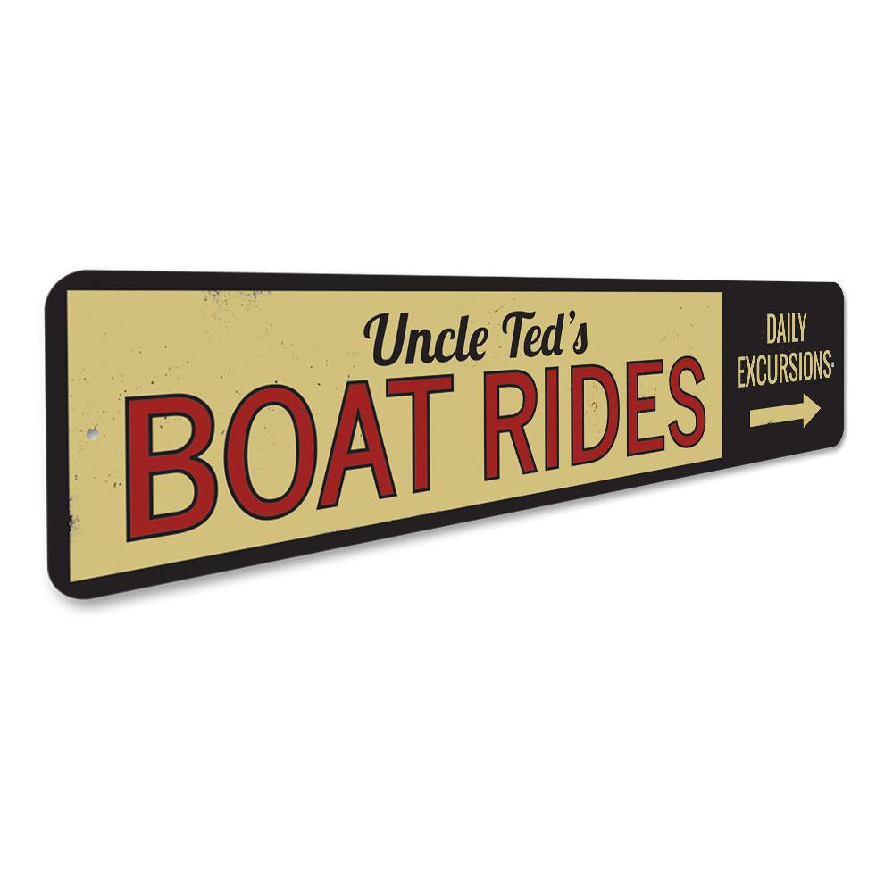 Boat Rides Directional Sign made of high-quality aluminum, featuring customizable text and pre-drilled holes for easy mounting, perfect for lakehouse decor.