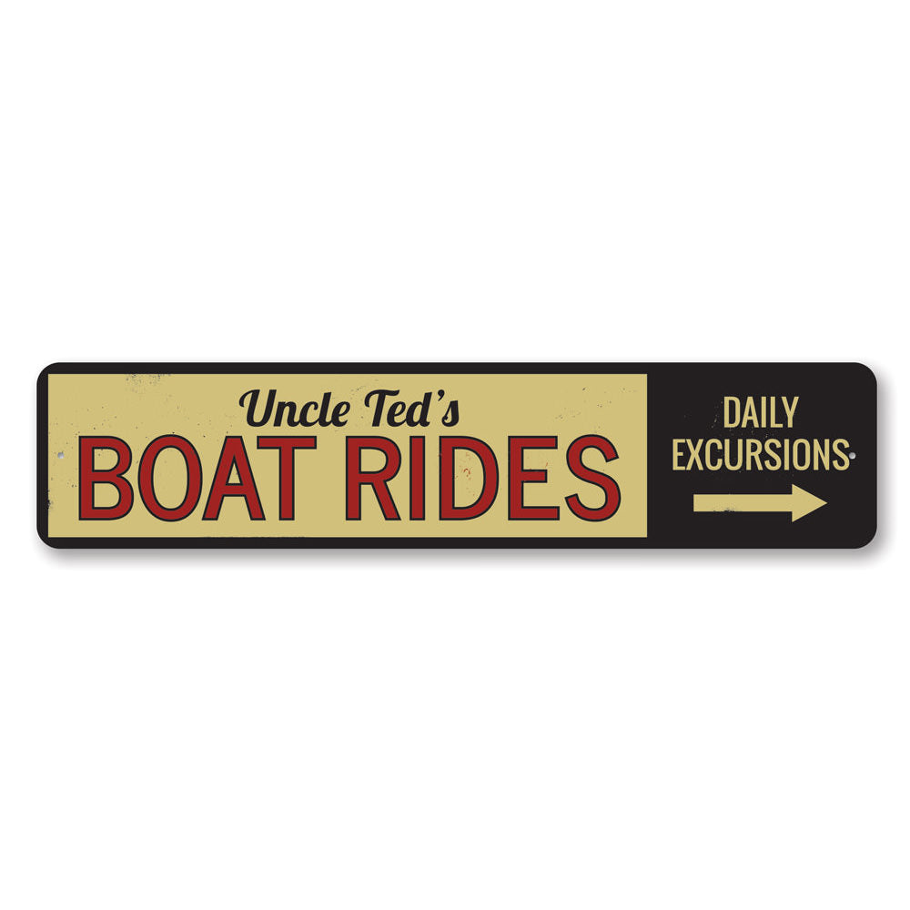 Boat Rides Directional Sign made of high-quality aluminum, featuring customizable text and pre-drilled holes for easy mounting, perfect for lakehouse decor.