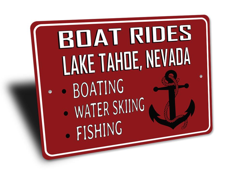 Boat Rides Lake Sign made of high-quality aluminum, featuring a rustic design perfect for home decor.