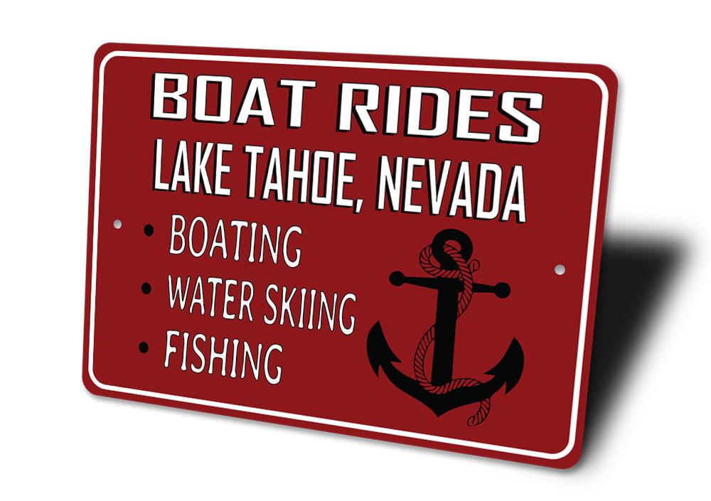 Boat Rides Lake Sign made of high-quality aluminum, featuring a rustic design perfect for home decor.