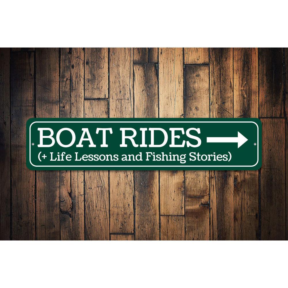 Customizable Boat Rides Sign made of durable aluminum, featuring a lake-themed design, perfect for lakehouses.