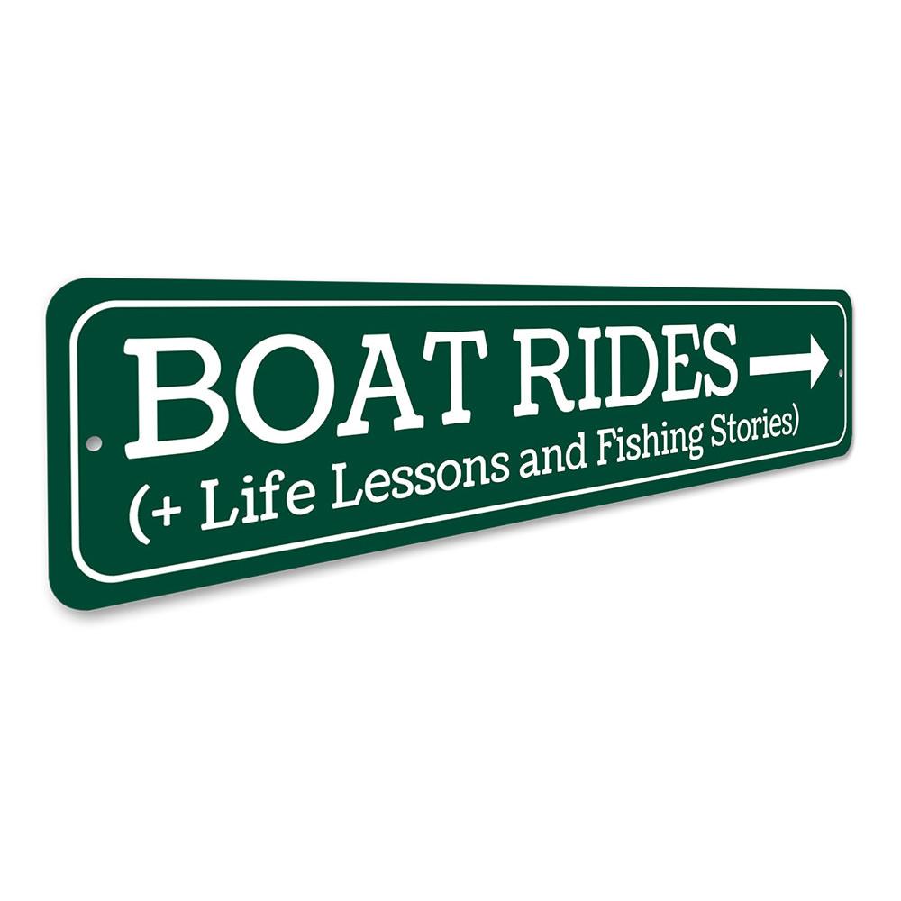 Customizable Boat Rides Sign made of durable aluminum, featuring a lake-themed design, perfect for lakehouses.