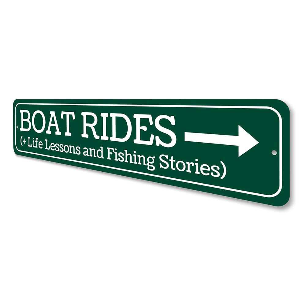 Customizable Boat Rides Sign made of durable aluminum, featuring a lake-themed design, perfect for lakehouses.