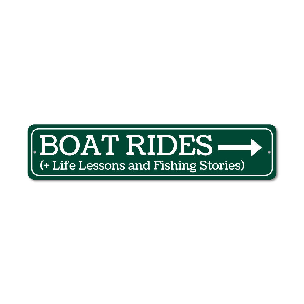 Customizable Boat Rides Sign made of durable aluminum, featuring a lake-themed design, perfect for lakehouses.