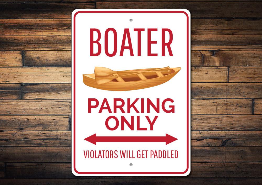 A vibrant Boater Parking Sign made from high-quality aluminum, featuring customizable text and pre-drilled holes for easy mounting.