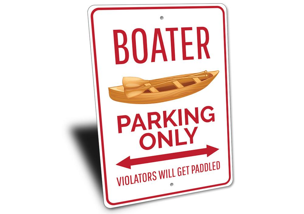 A vibrant Boater Parking Sign made from high-quality aluminum, featuring customizable text and pre-drilled holes for easy mounting.