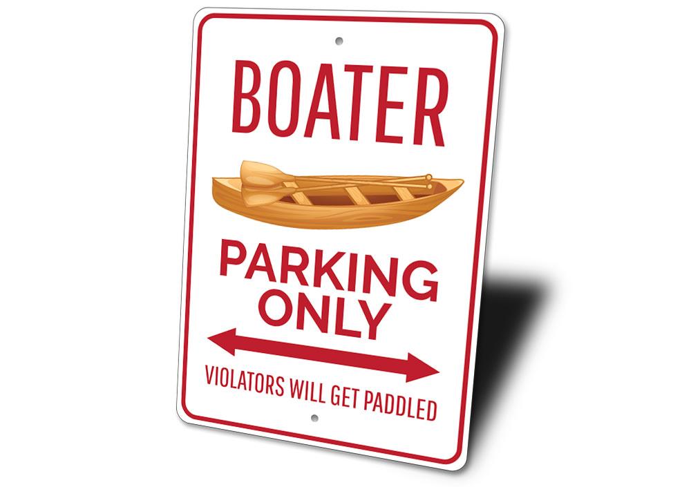 A vibrant Boater Parking Sign made from high-quality aluminum, featuring customizable text and pre-drilled holes for easy mounting.