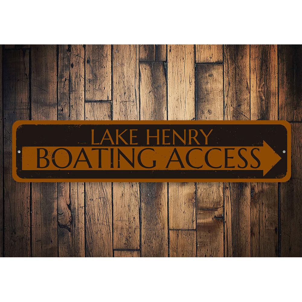 Boating Access Arrow Sign made of durable aluminum, featuring customizable text and pre-drilled holes for easy mounting, perfect for lakehouse decor.