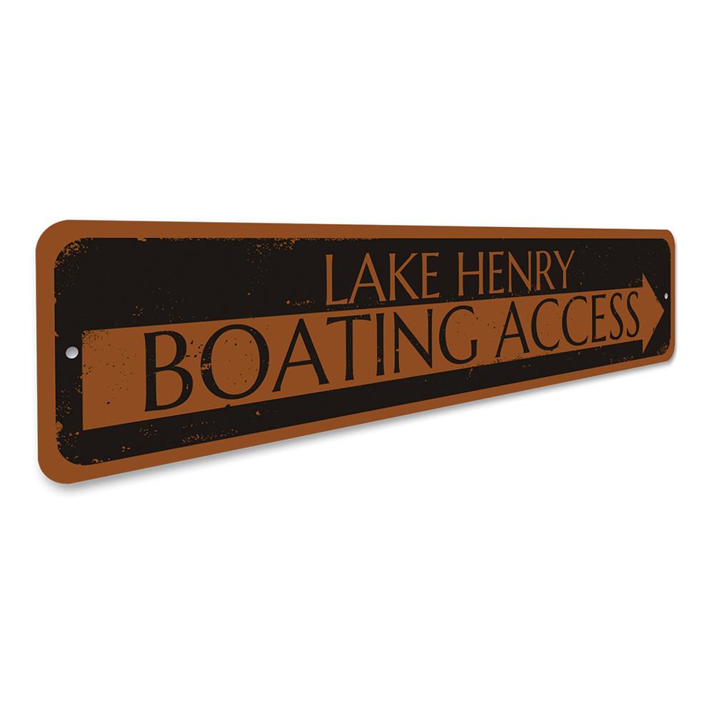 Boating Access Arrow Sign made of durable aluminum, featuring customizable text and pre-drilled holes for easy mounting, perfect for lakehouse decor.