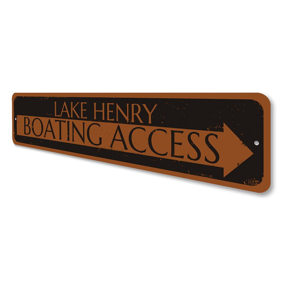 Boating Access Arrow Sign made of durable aluminum, featuring customizable text and pre-drilled holes for easy mounting, perfect for lakehouse decor.