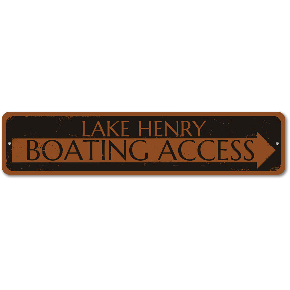 Boating Access Arrow Sign made of durable aluminum, featuring customizable text and pre-drilled holes for easy mounting, perfect for lakehouse decor.