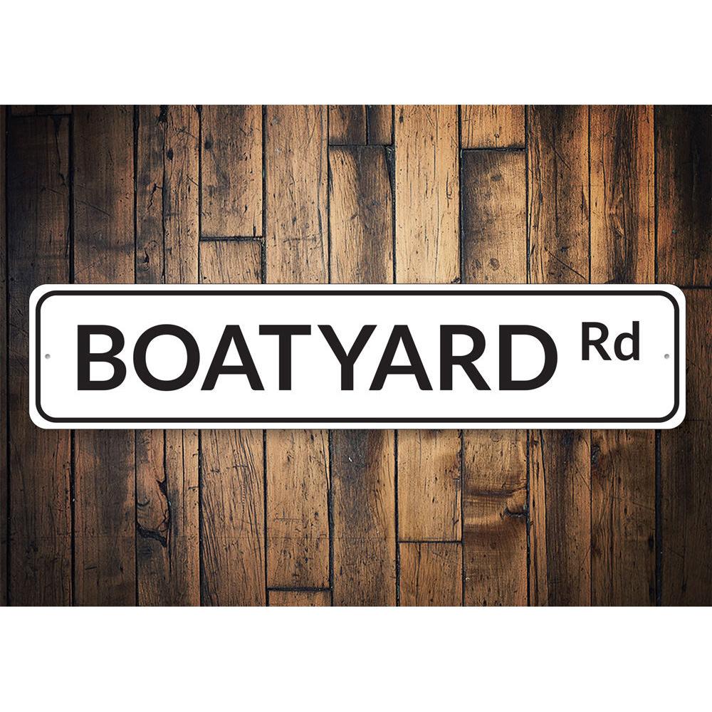 Customizable Boatyard Road Sign made of high-quality aluminum, featuring a coastal design perfect for beach houses and outdoor decor.