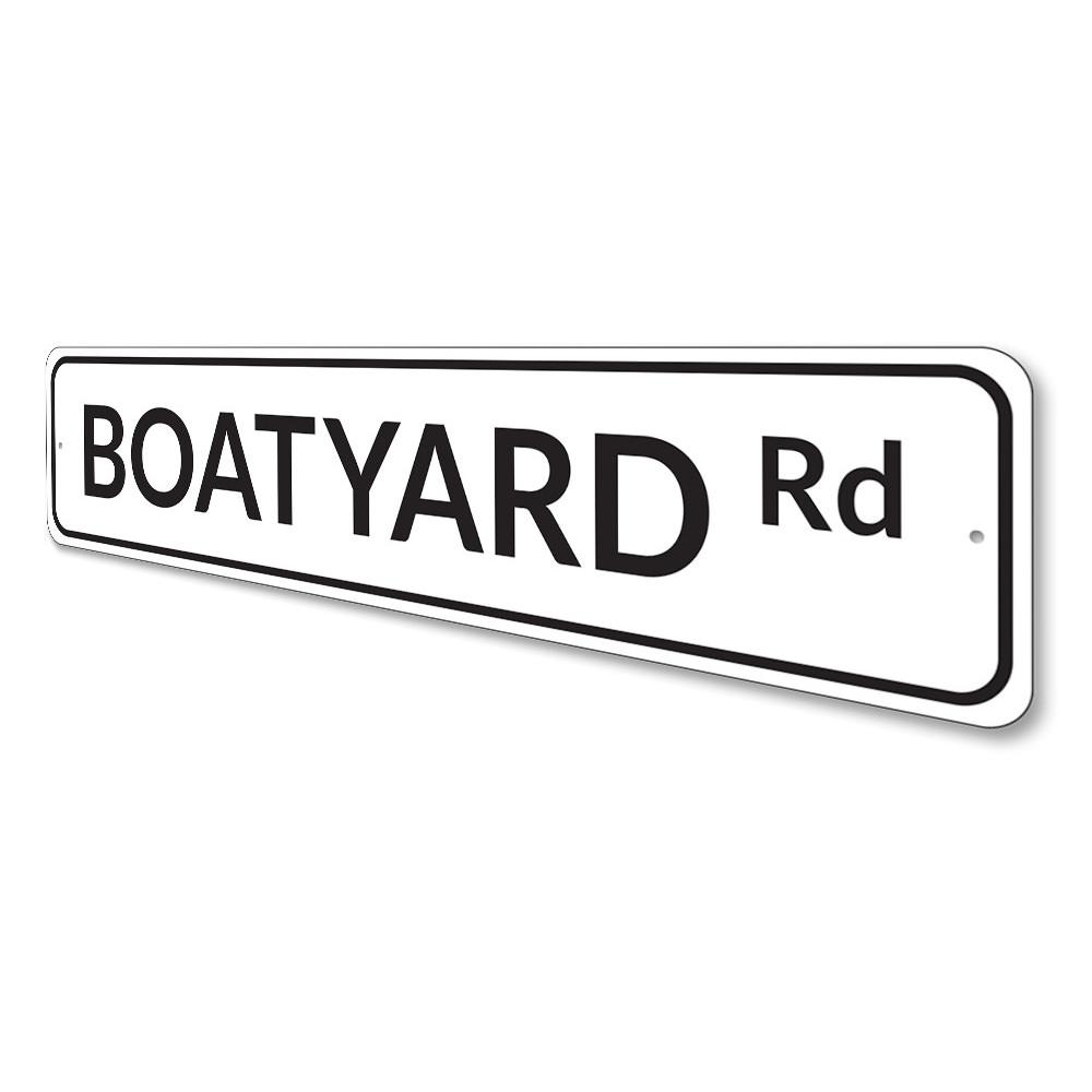 Customizable Boatyard Road Sign made of high-quality aluminum, featuring a coastal design perfect for beach houses and outdoor decor.