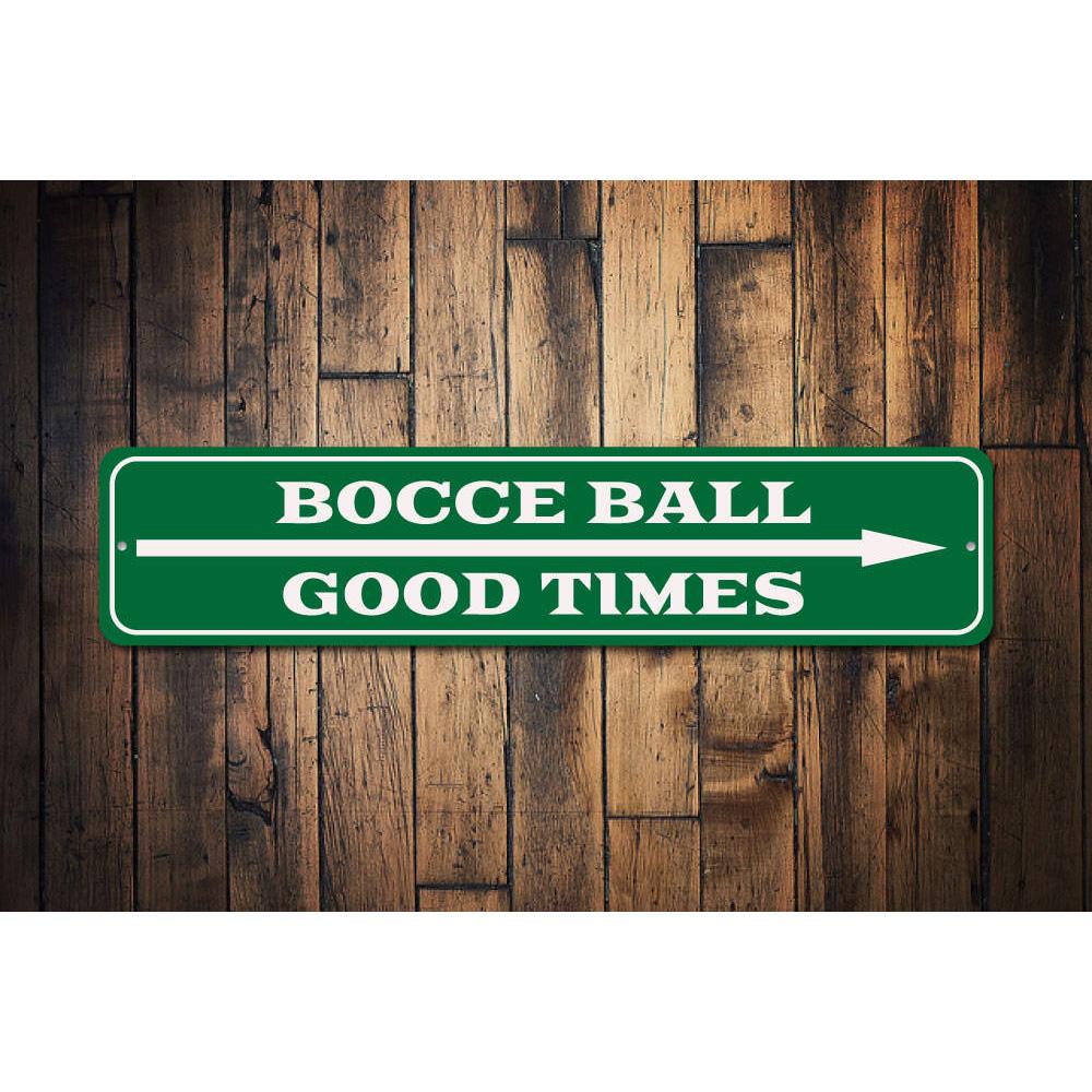 Bocce Ball Arrow Sign made of durable aluminum, featuring a vibrant design perfect for game rooms and outdoor spaces.