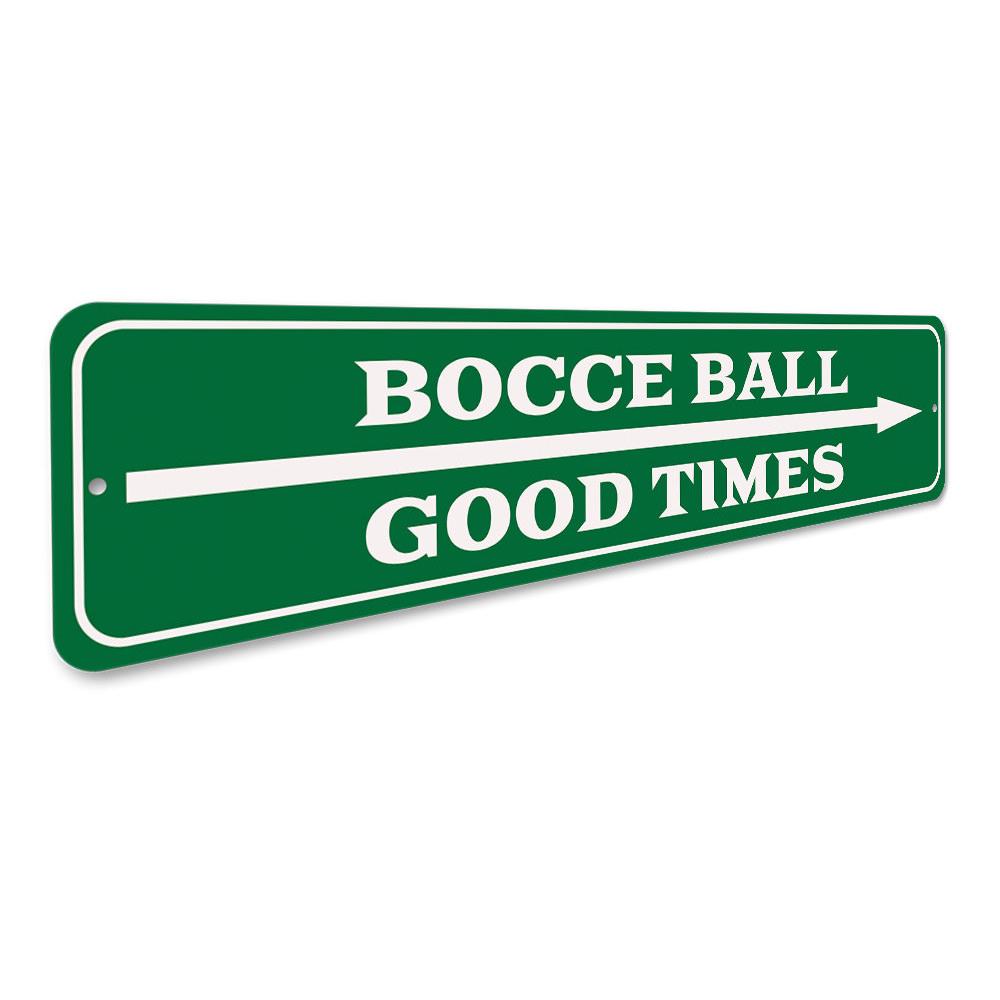 Bocce Ball Arrow Sign made of durable aluminum, featuring a vibrant design perfect for game rooms and outdoor spaces.