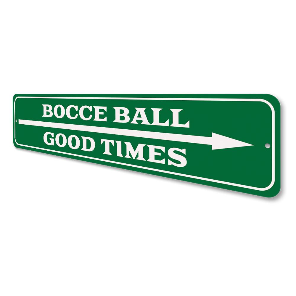 Bocce Ball Arrow Sign made of durable aluminum, featuring a vibrant design perfect for game rooms and outdoor spaces.