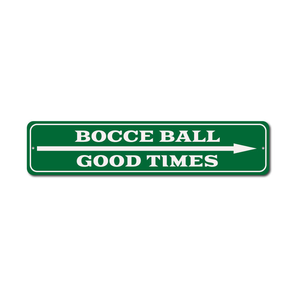 Bocce Ball Arrow Sign made of durable aluminum, featuring a vibrant design perfect for game rooms and outdoor spaces.