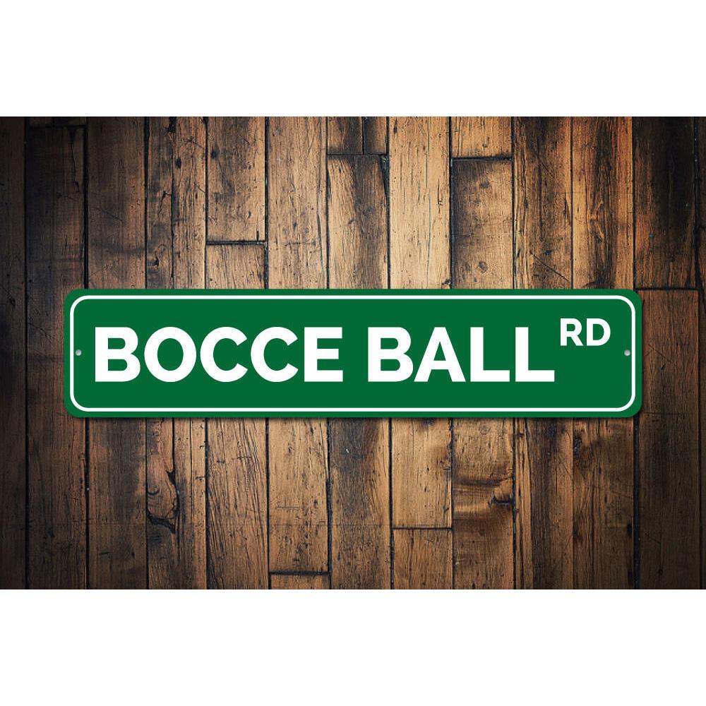 Bocce Ball Road Sign made of high-quality aluminum, featuring vibrant colors and a decorative design, perfect for game rooms and outdoor spaces.