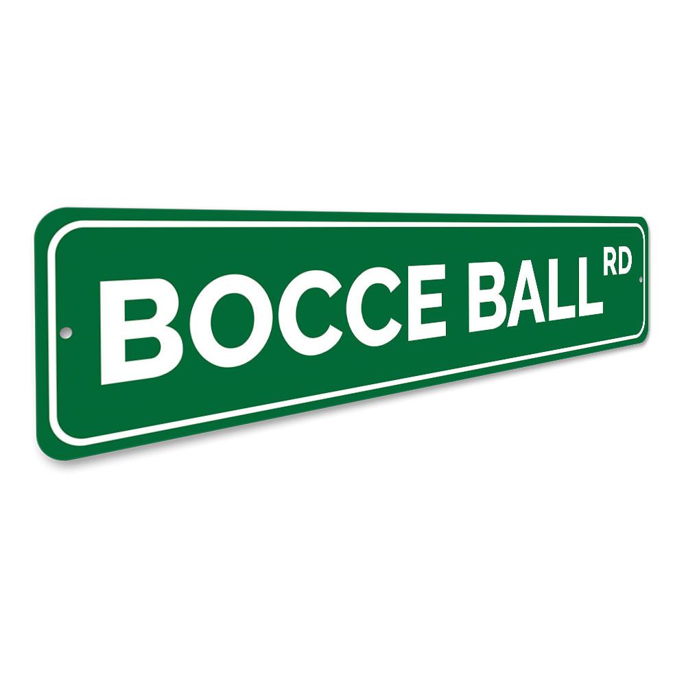 Bocce Ball Road Sign made of high-quality aluminum, featuring vibrant colors and a decorative design, perfect for game rooms and outdoor spaces.