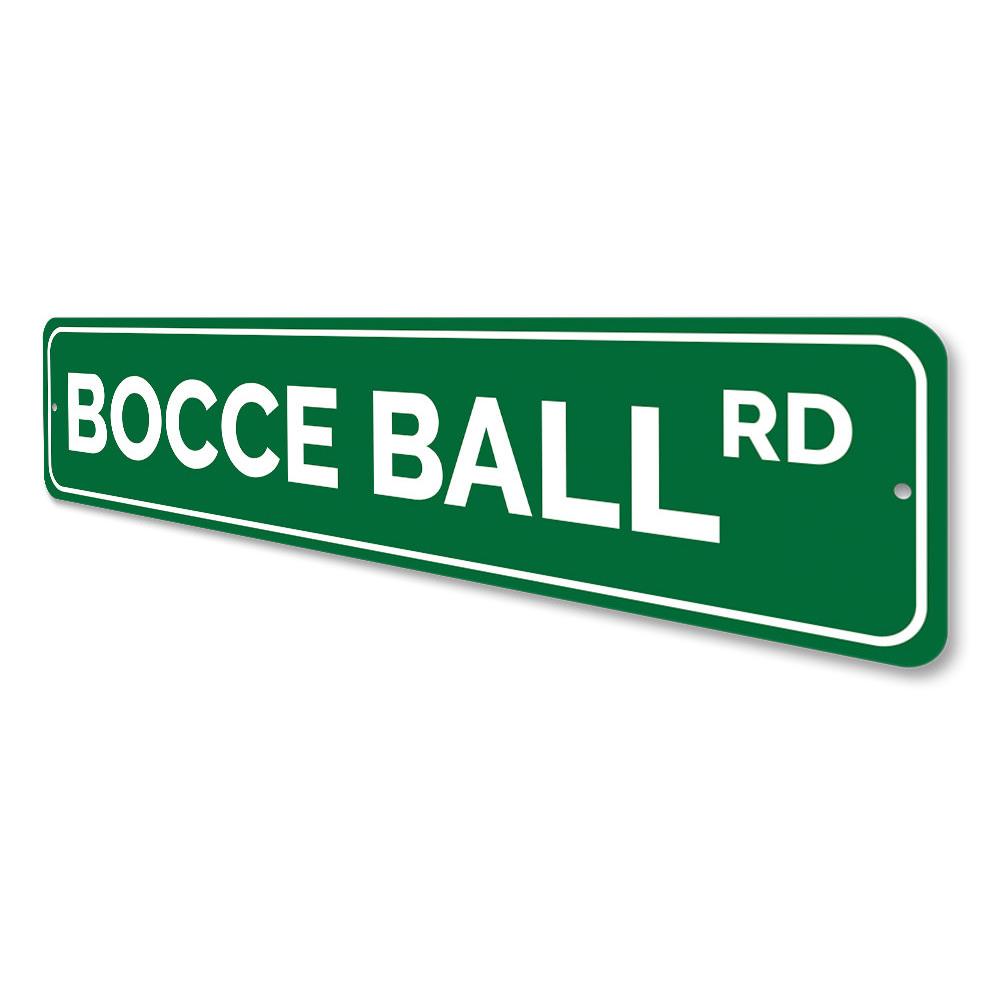 Bocce Ball Road Sign made of high-quality aluminum, featuring vibrant colors and a decorative design, perfect for game rooms and outdoor spaces.