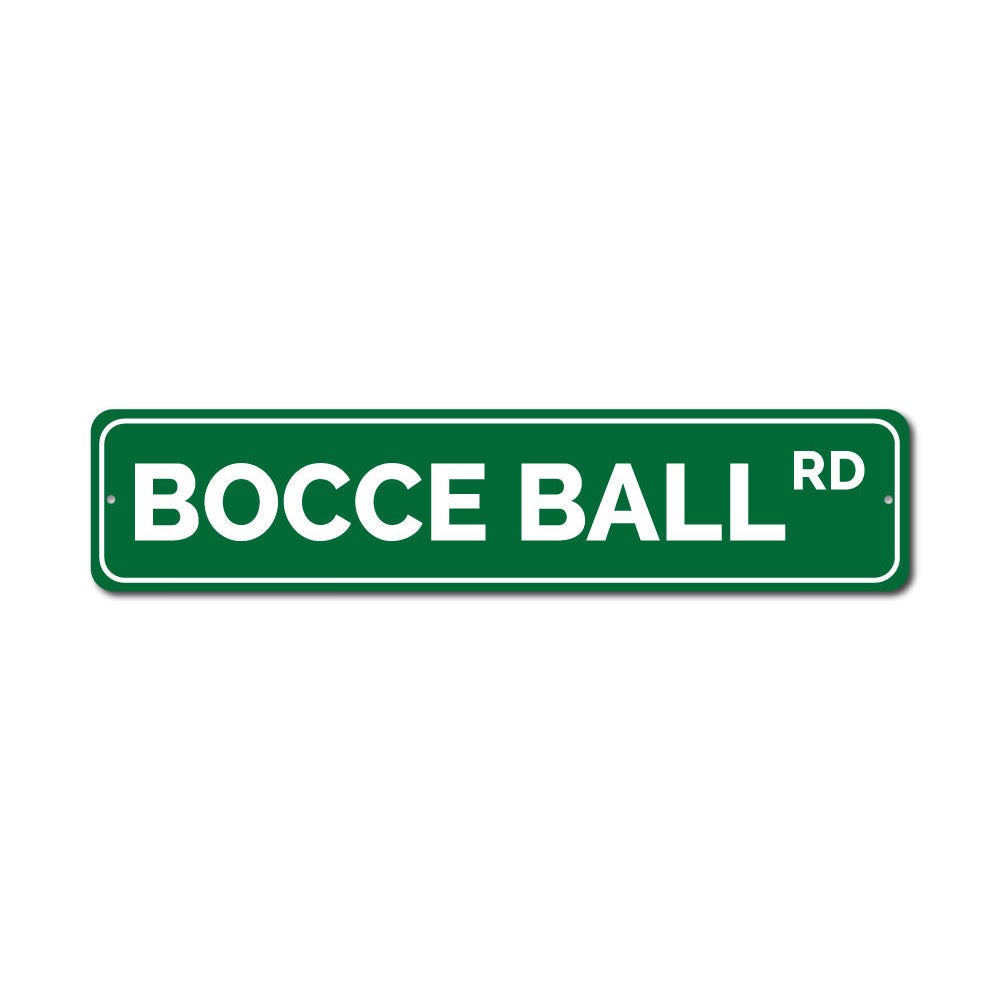 Bocce Ball Road Sign made of high-quality aluminum, featuring vibrant colors and a decorative design, perfect for game rooms and outdoor spaces.