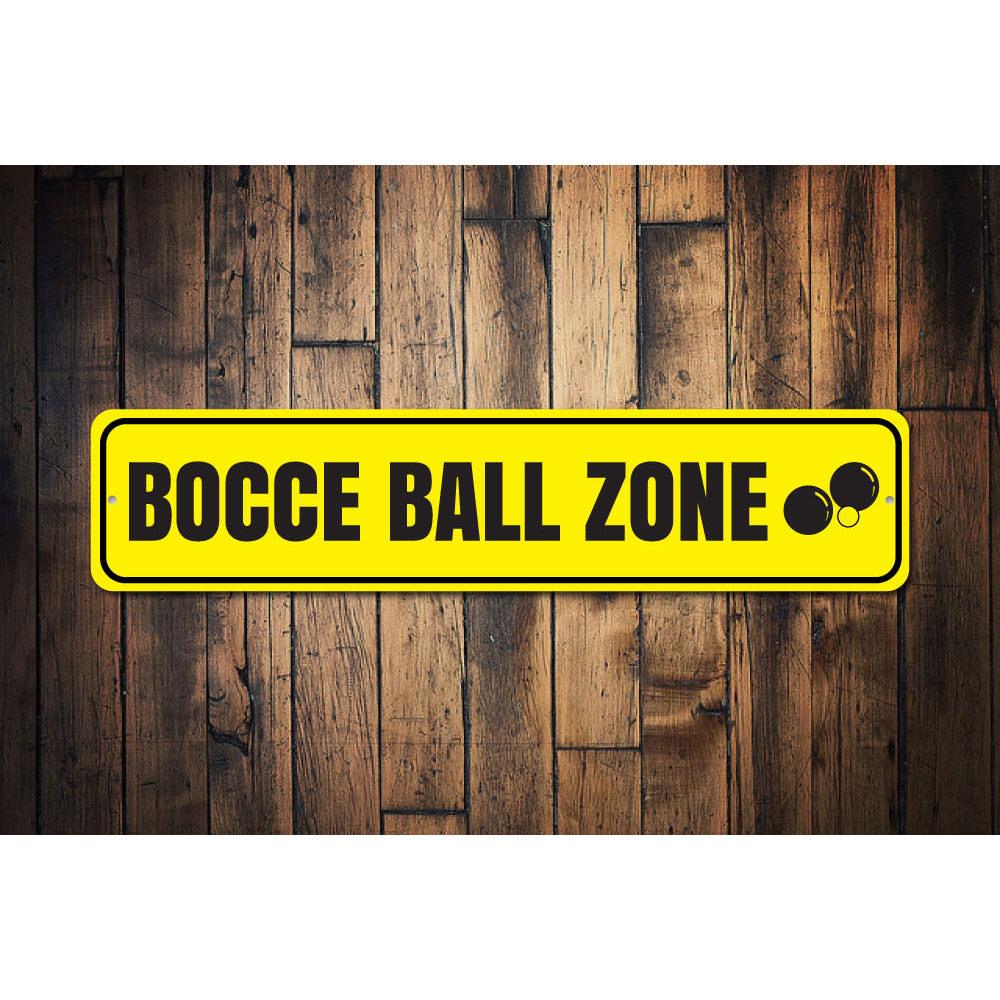 Bocce Ball Zone Sign made of high-quality aluminum, featuring vibrant colors and a fun design, perfect for game rooms and outdoor spaces.