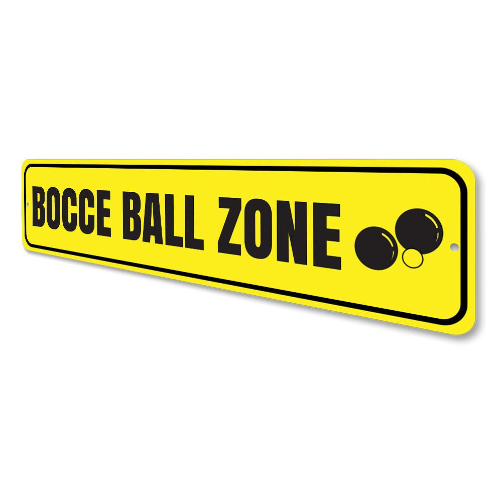 Bocce Ball Zone Sign made of high-quality aluminum, featuring vibrant colors and a fun design, perfect for game rooms and outdoor spaces.