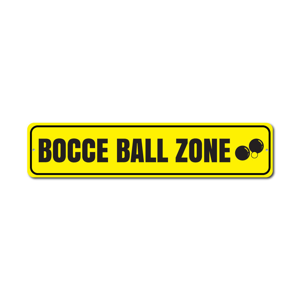 Bocce Ball Zone Sign made of high-quality aluminum, featuring vibrant colors and a fun design, perfect for game rooms and outdoor spaces.