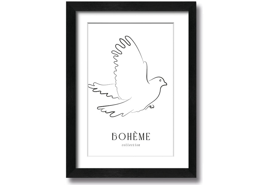 Boheme Dove framed print showcasing a dove design in a stylish frame, available in various colors.