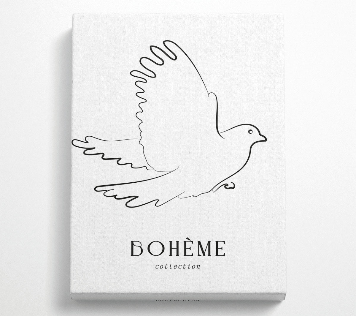 Boheme Dove artwork printed on coated polyester canvas, mounted on a 44mm box frame, showcasing a beautiful design ready to hang.