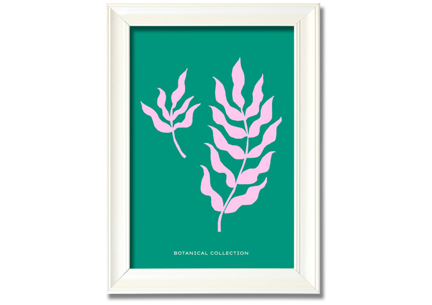 Framed print of Bohemian Leaves on a vibrant green background, showcasing intricate leaf designs, available in various frame colors.