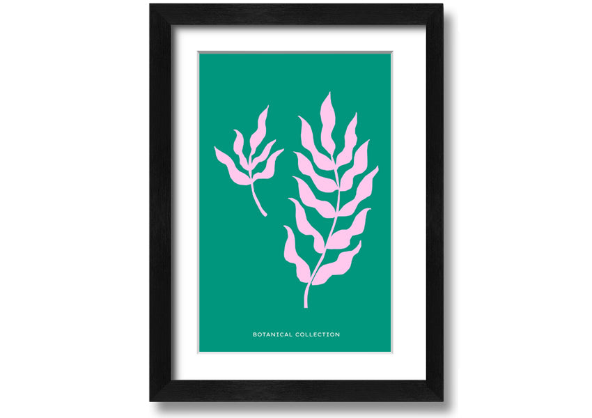 Framed print of Bohemian Leaves on a vibrant green background, showcasing intricate leaf designs, available in various frame colors.