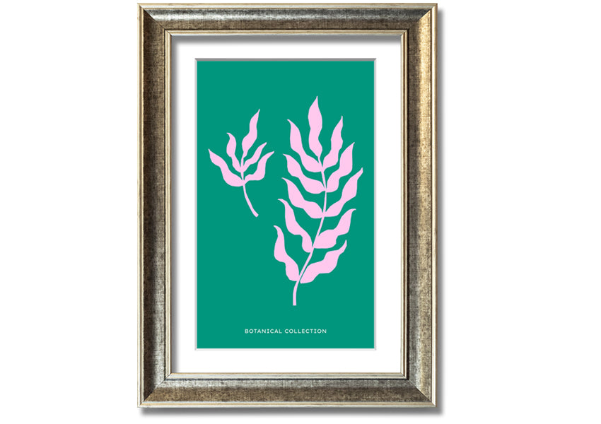 Framed print of Bohemian Leaves on a vibrant green background, showcasing intricate leaf designs, available in various frame colors.