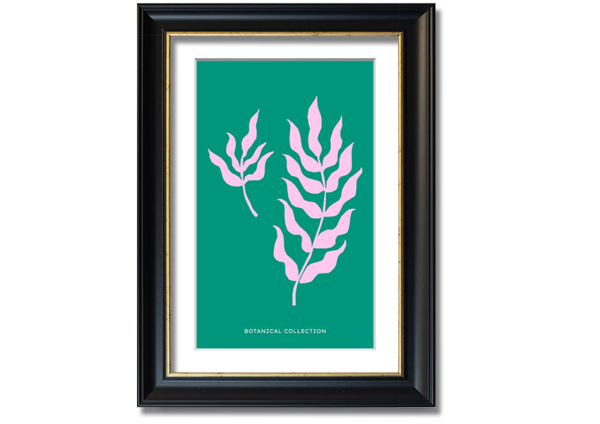 Framed print of Bohemian Leaves on a vibrant green background, showcasing intricate leaf designs, available in various frame colors.